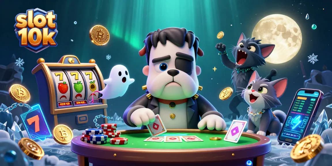 Experience the thrill with slot 10k as characters delight at a casino table surrounded by vibrant slots.