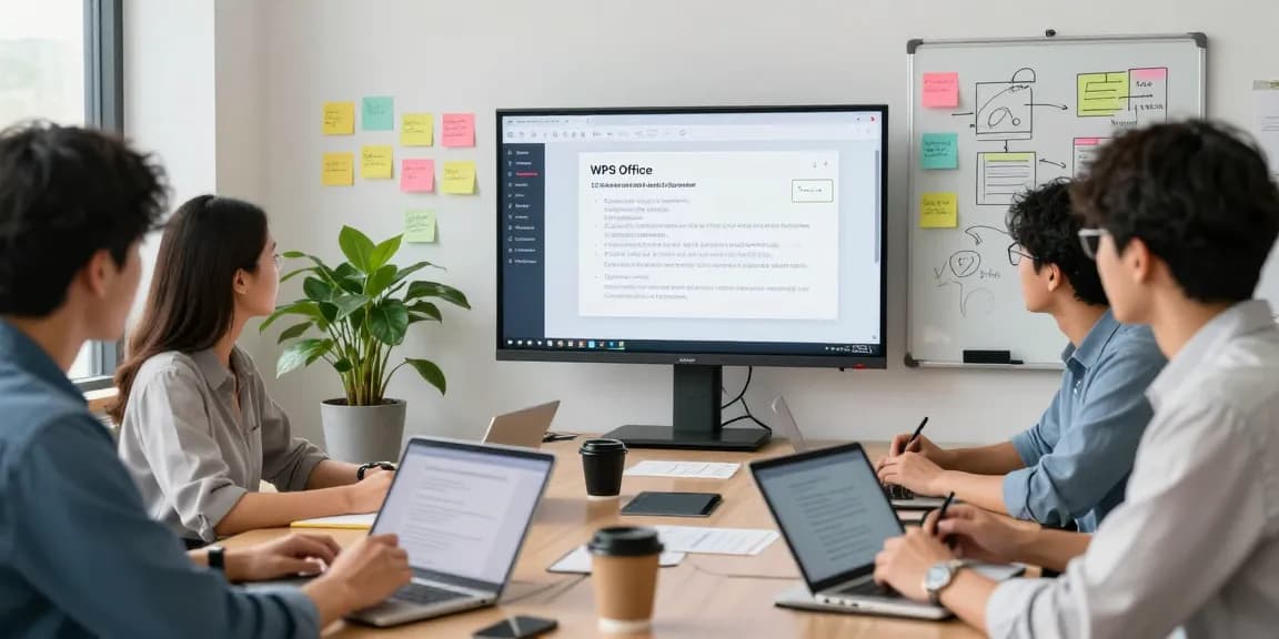 Team collaborating using WPS下载 at a modern workspace with AI features.