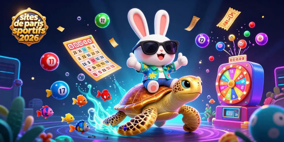 Gagnez sur les sites de paris sportifs 2026 avec un lapin chanceux et une tortue dorée, entourés de balles de loterie.