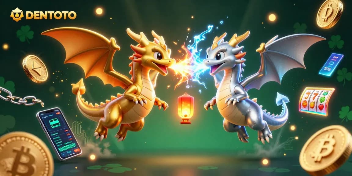 DENTOTO engages players with an epic scene of gold and silver dragons amid slot game symbols.