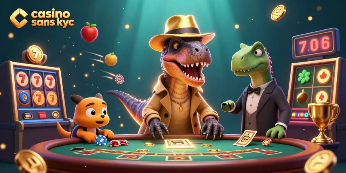 Essayez de gagner au casino sans KYC avec une illustration animée de personnages de jeu dans une scène dynamique.