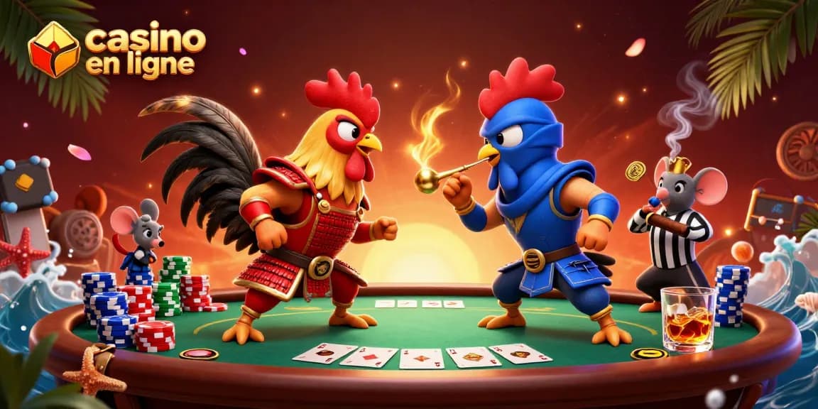 Vivez l'action des jeux de casino en ligne avec ce combat épique entre deux coqs, samouraï et ninja, au poker.
