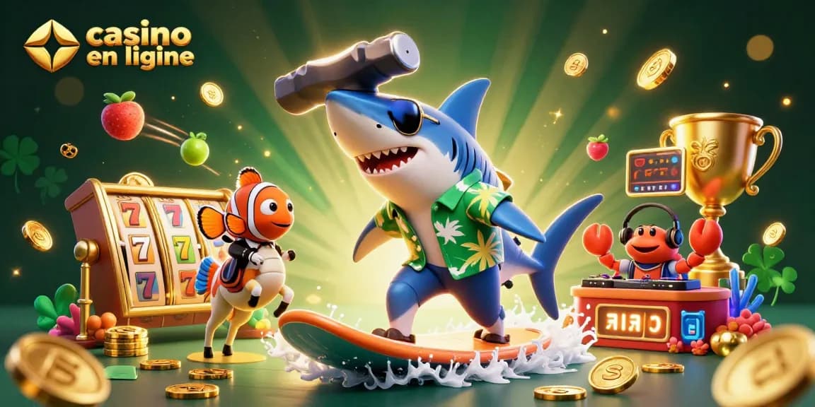 Plongez dans l'univers du casino en ligne avec une illustration 3D dynamique et colorée.