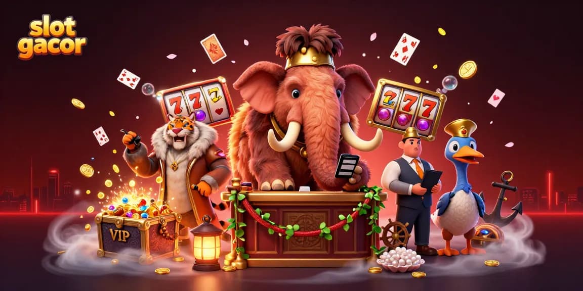 Engage with slot gacor through vibrant casino scenes featuring colorful gems and characters.