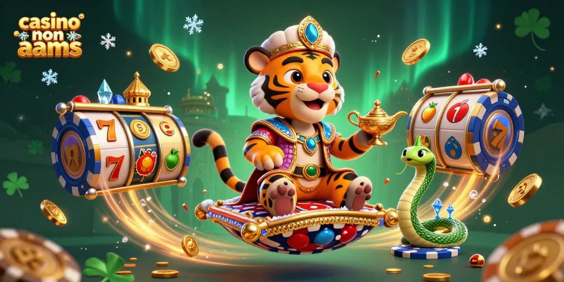 Interagisci con i temi dei casinò non AAMS in un'illustrazione 3D ultra-dettagliata di un sultano su un tappeto tra le slot machine.