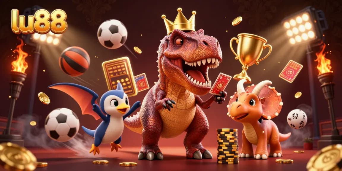 Experience thrilling gaming action with lu88, featuring a playful T-Rex and dynamic sports elements.