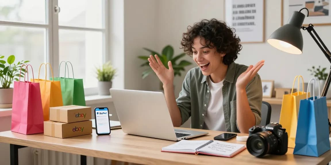 Buy verified eBay account while enjoying a vibrant online shopping scene in a cozy home office.