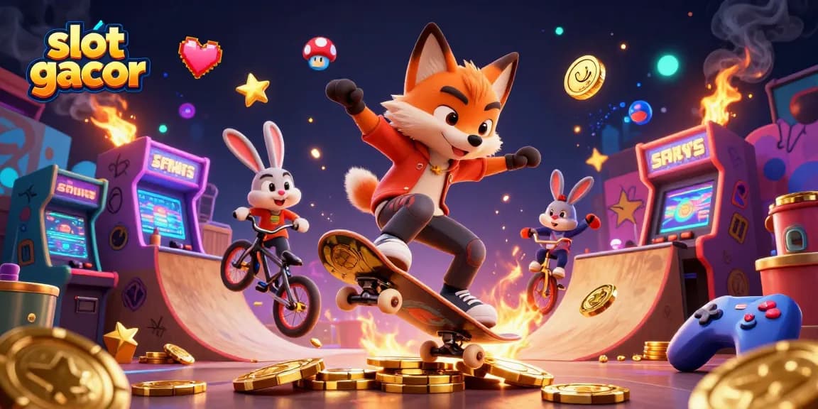 Experience the excitement of slot gacor with lively characters and casino elements in this vibrant 3D illustration.