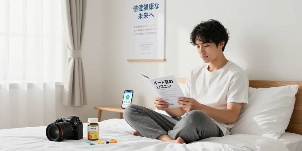 キトー君の口コミを読んでいる若い男性の健康的な生活空間。
