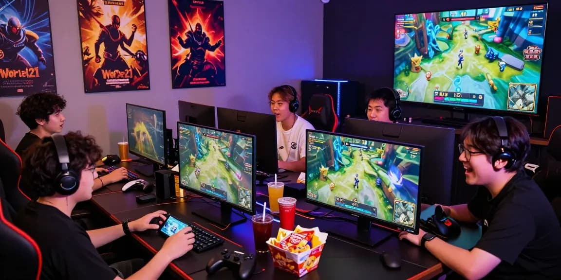 WORTEL21 saat sesi permainan online yang penuh semangat dengan para gamer yang antusias dan peralatan gaming modern.