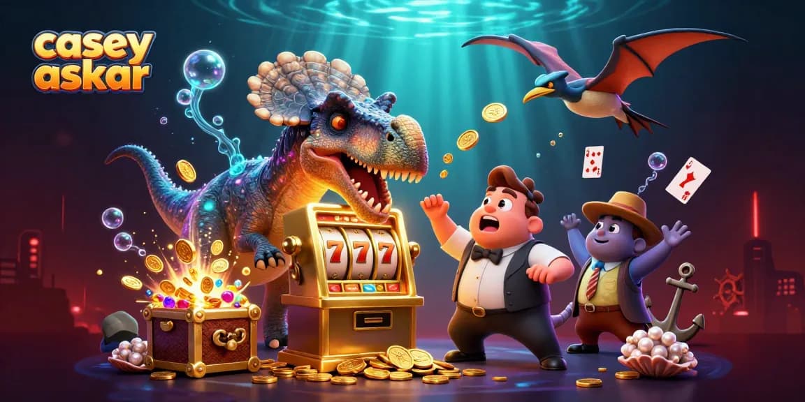 Casey Askar features cartoon characters winning jackpots in a vibrant casino scene.