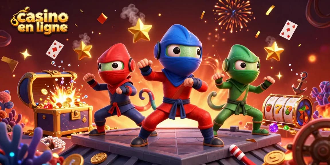Vivez l'expérience palpitante du casino en ligne mettant en scène une équipe de caméléons ninjas au milieu d'éléments de jeu vibrants.