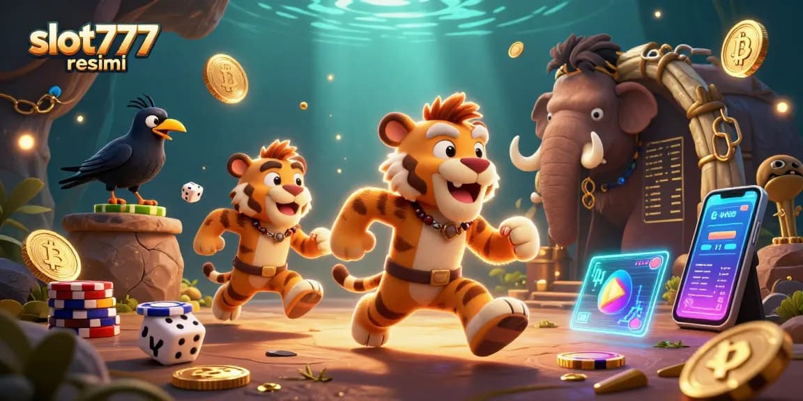 Experience the excitement of slot777 resmi as cavemen and a sabertooth connect in a vibrant casino.