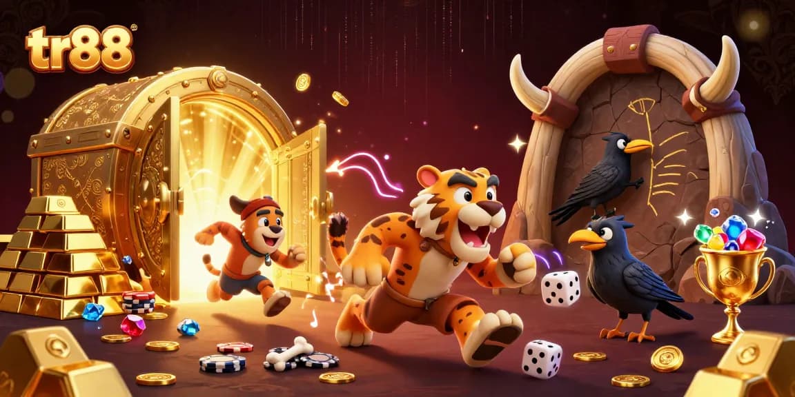 tr88 showcases a lively prehistoric casino scene with characters engaging in gambling action, surrounded by treasure