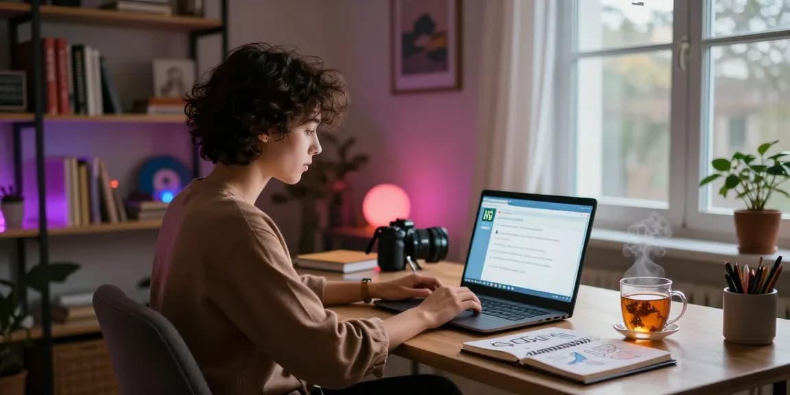 Engaging in ai nsfw chat in a cozy home office with ambient lighting.