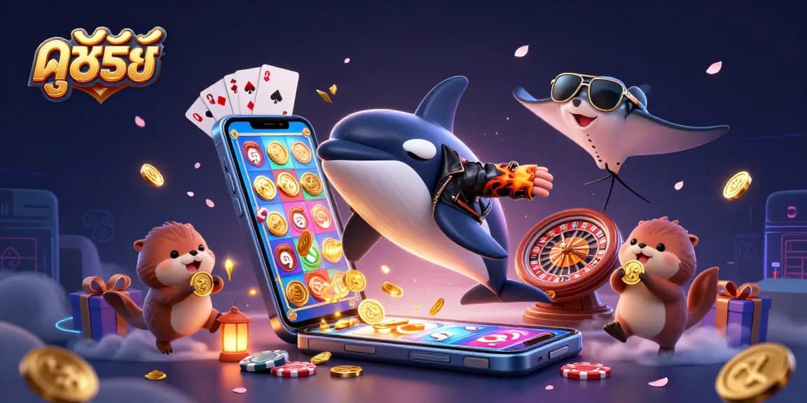 Engage in ดูซีรี่ย์ excitement with thrilling slot games and animated characters in vibrant casino scene.