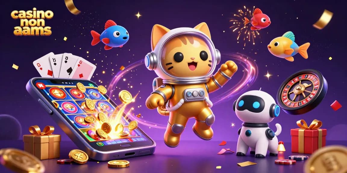 Interagisci con la vivace scena dei casino non AAMS che presenta un gatto astronauta e elementi di poker volanti.