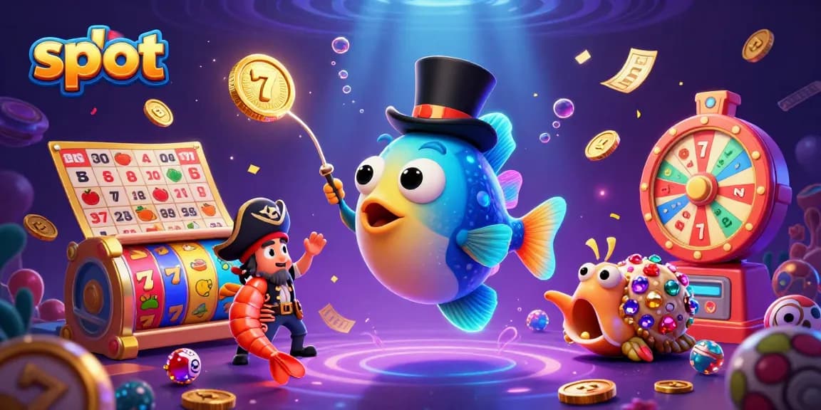 Menggoda koin emas dengan slot, ikan pemancing 3D dan karakter lainnya pada ilustrasi kasino.