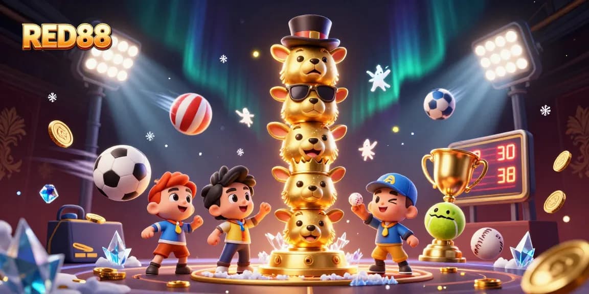 Engaging RED88 casino illustration featuring a dynamic golden totem and sports action elements for gamers.