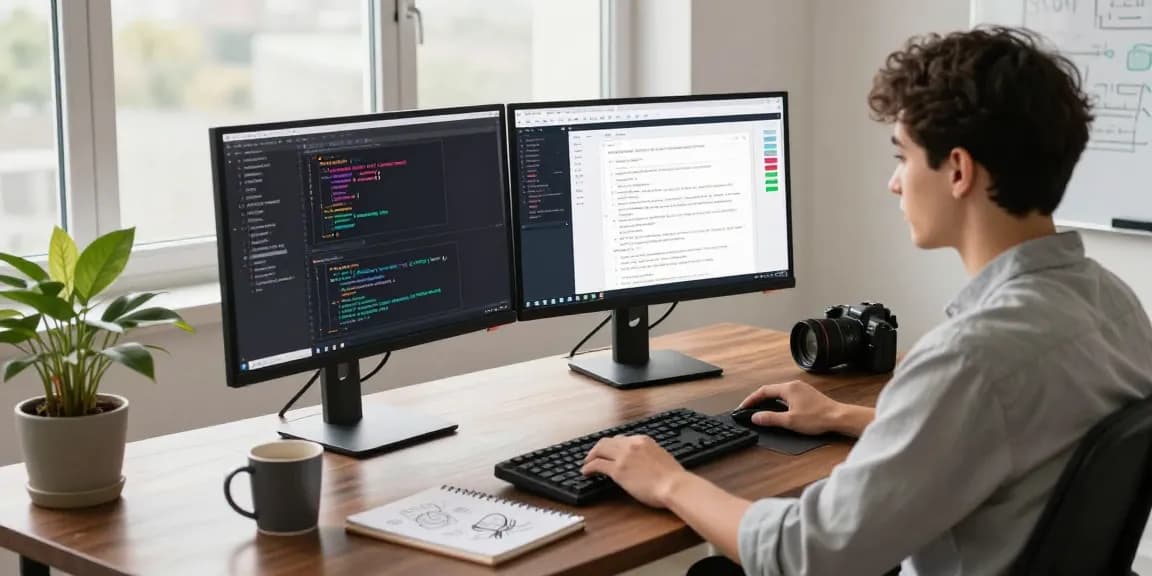 Developer coding at a modern workspace, showcasing 纸飞机中文版 tech tools and productivity.