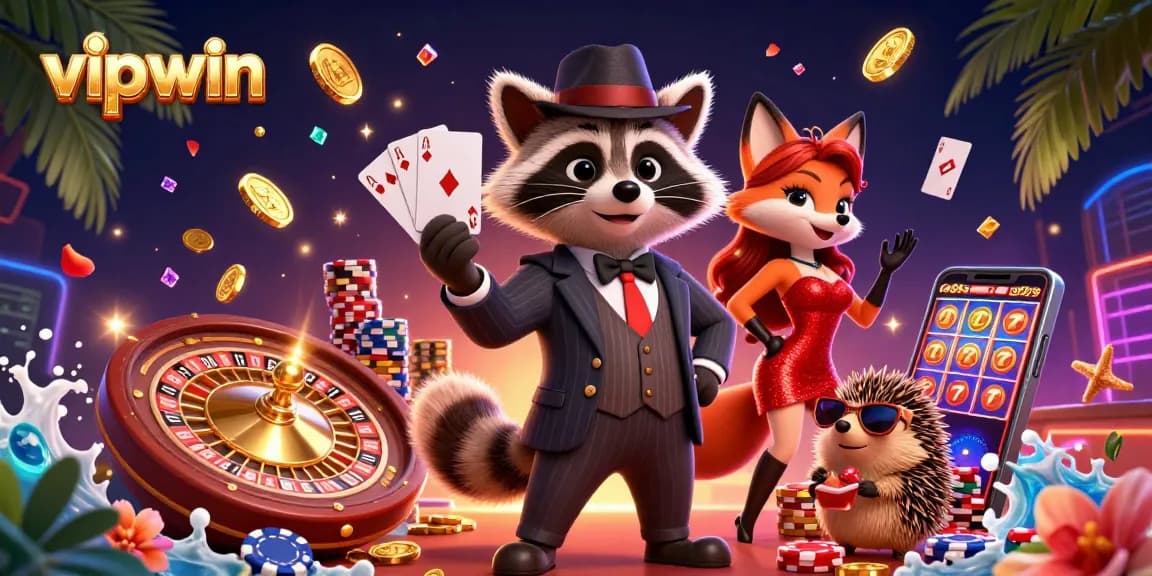 Experience the excitement of vipwin casino games with a dynamic 3D scene showcasing vibrant characters and game elements.