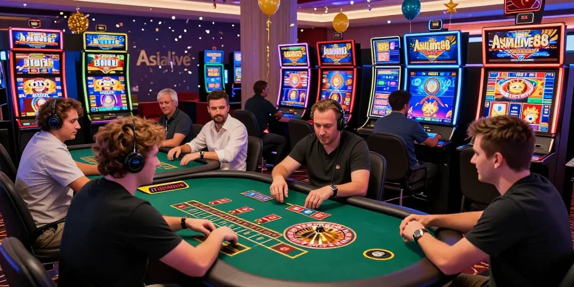 Exciting online gaming atmosphere at ASIALIVE88 showcasing diverse players and popular casino games.