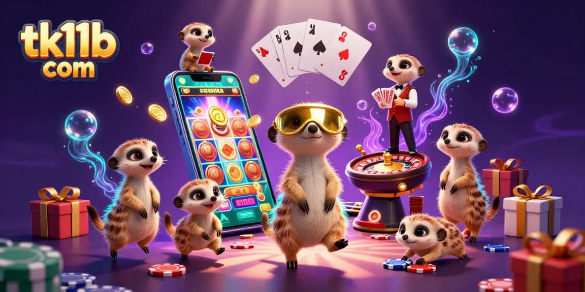 Experience thrilling gameplay at tk11b com with meerkats managing a vibrant casino, showcasing colorful slots.