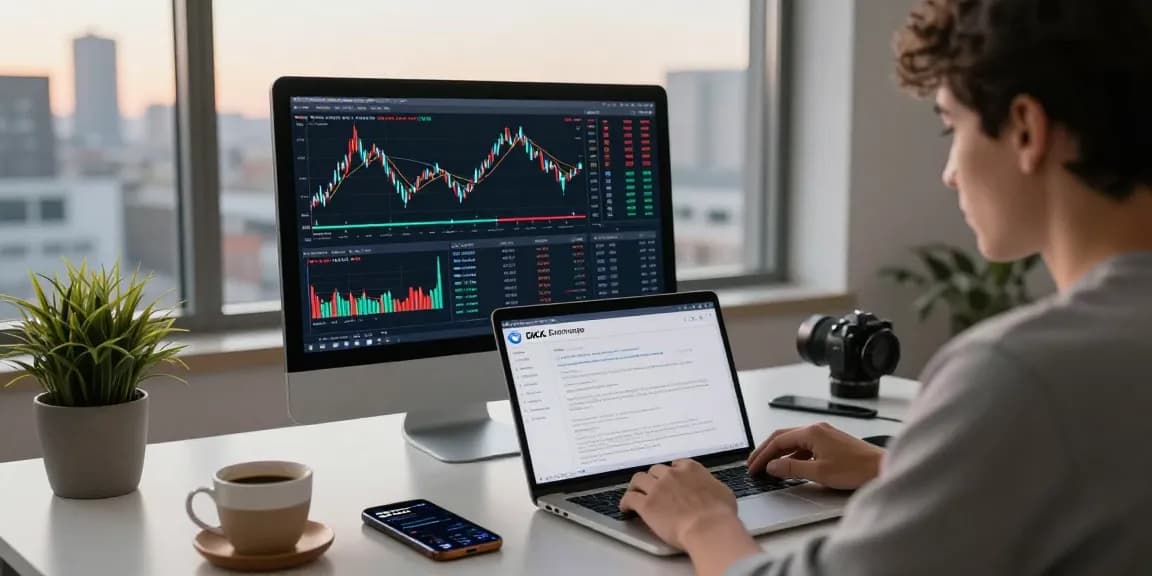 Focused user reviewing OKX Exchange reviews on a laptop amidst a minimalist trading workspace with live charts and a city skyline.