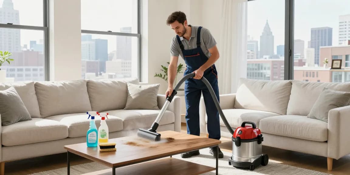 Sofa cleaning NYC - Professional technician cleaning a light-colored sofa in a stylish NYC living room with bright sunlight and skyline views.