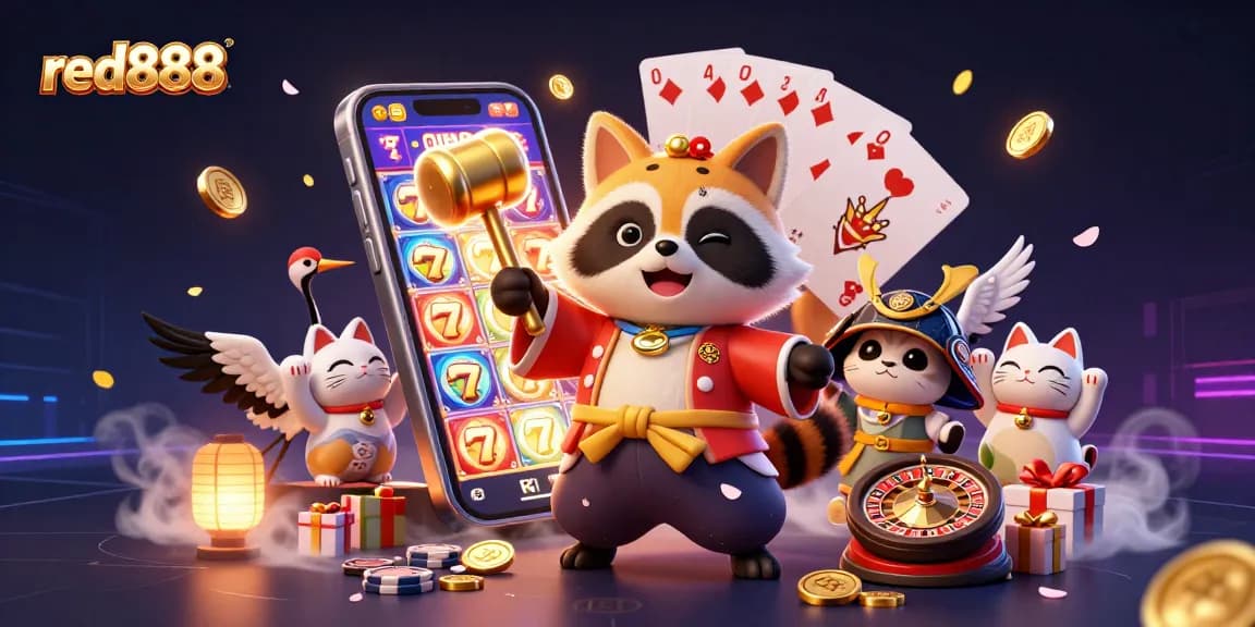 Join the red888 gaming fun with a cheerful tanuki and lucky symbols in this vibrant scene.