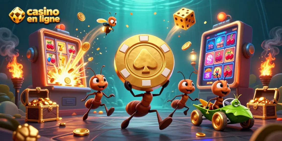 Illustration dynamique de casino en ligne avec des fourmis en pleine action, transportant un jeton de poker doré.