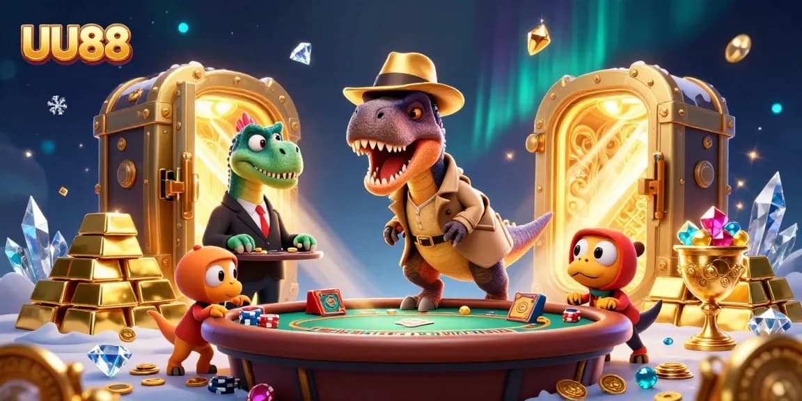 Join the fun at UU88, where a clever velociraptor tries to outsmart a stegosaurus pit boss in a lively casino scene.