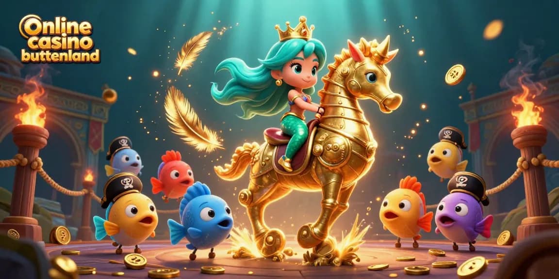 Engage with online casino buitenland through this vibrant 3D illustration of a mermaid riding a seahorse amidst coins and atmospheric effects.