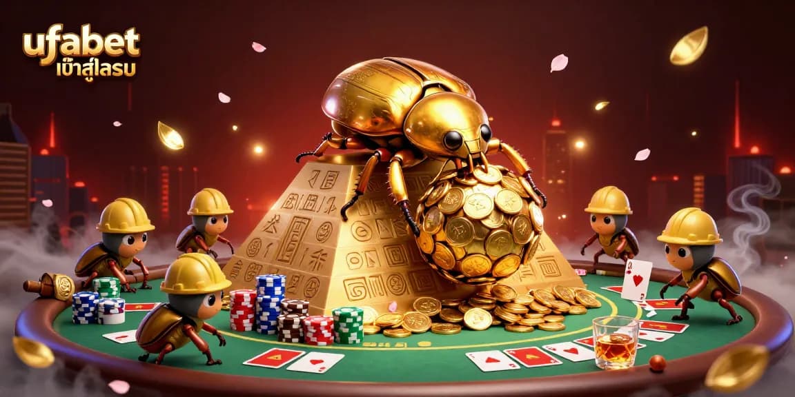Experience ufabet เข้าสู่ระบบ with playful golden beetles and casino symbols in a dynamic 3D scene.