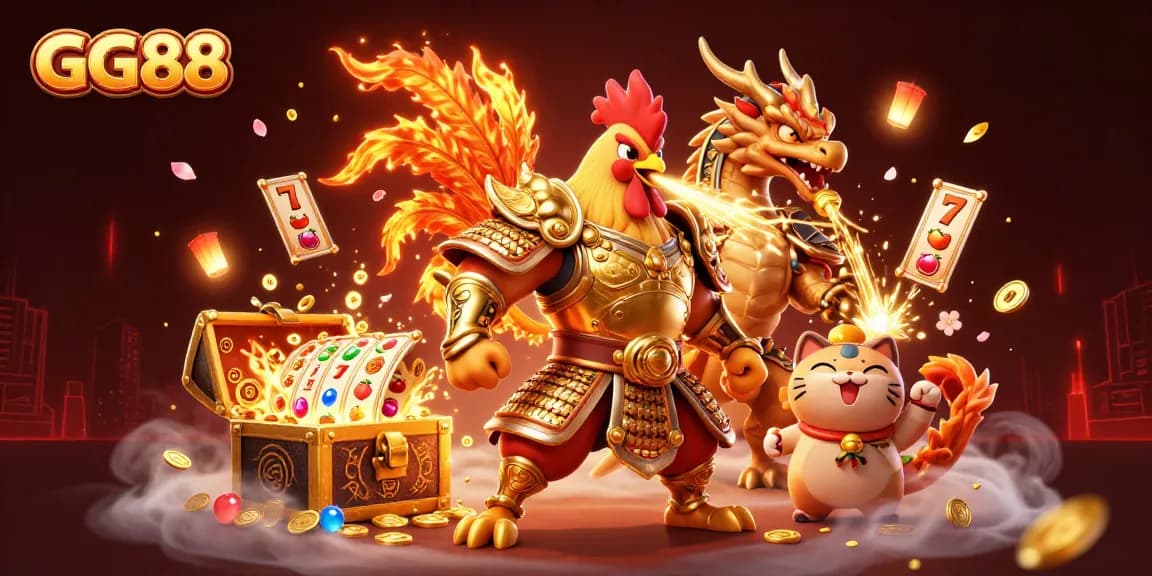 Experience thrilling gameplay with GG88, featuring a rooster warrior and dragon in an action-packed casino scene.