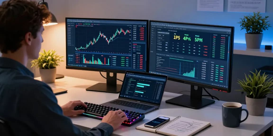 Cricbet99 trading setup featuring dual monitors displaying cryptocurrency dashboards, digital wallet, and market analytics