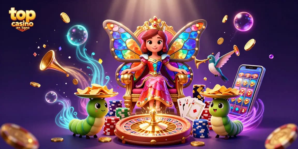 Plonger dans le monde des jeux de casino avec top casino en ligne dans une illustration captivante de la reine des papillons.