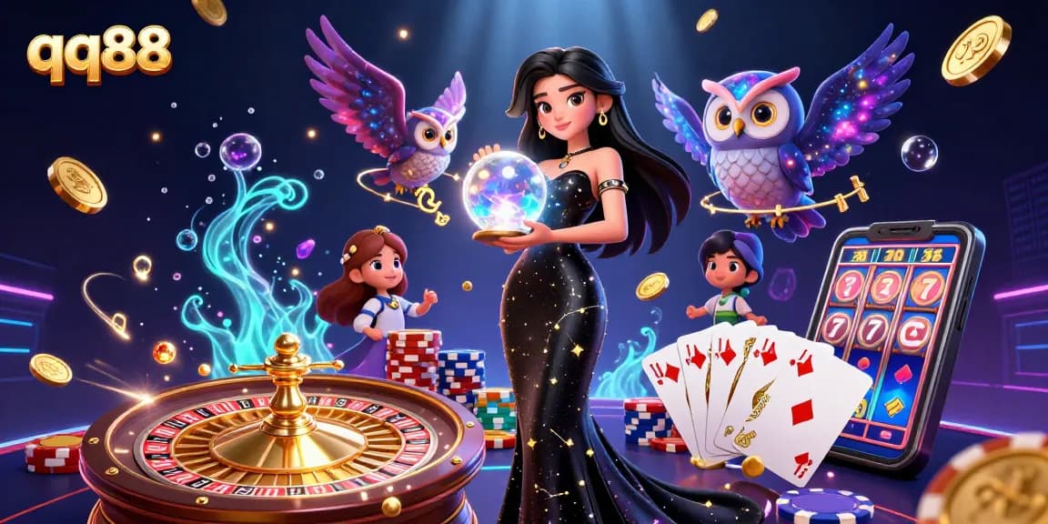 Engage with qq88 as glowing gems and gold coins surround a mystical scene of slots and chance.