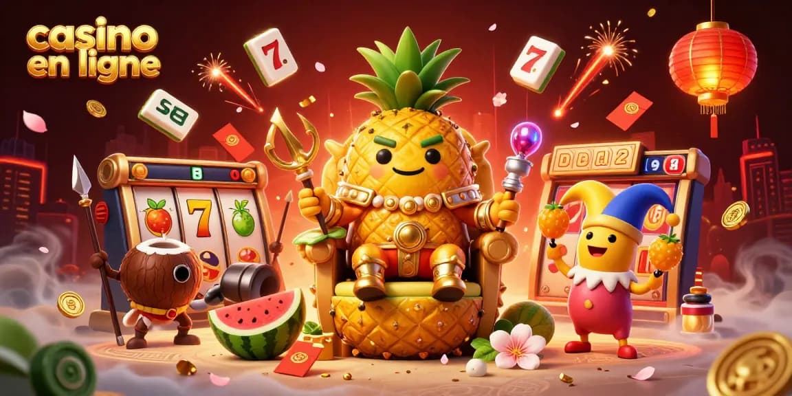 Affrontez la chance au casino en ligne avec le roi ananas et ses gardes, dans une scène animée.