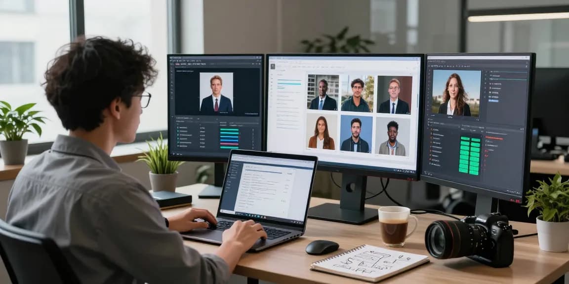 Free AI image detector tool in use by a data scientist analyzing AI-generated images on multiple screens in a modern workspace.