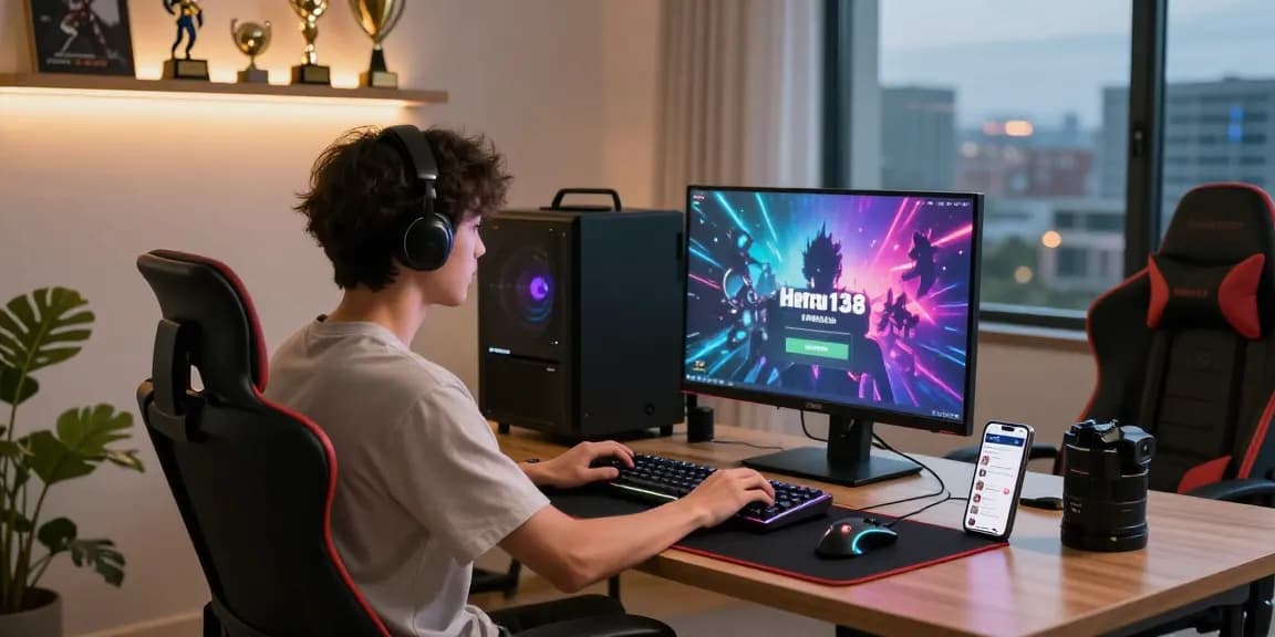 Hero138 login interface displayed on a young adult's gaming setup in a vibrant home office, showcasing modern gaming tools and a lively atmosphere.