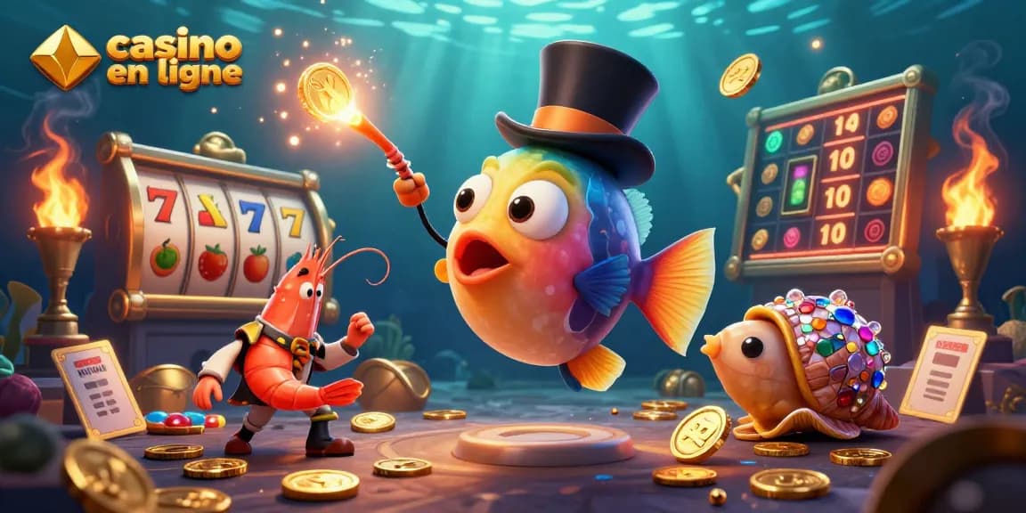 Jouez à des jeux de casino en ligne avec une illustration 3D captivante de personnages marins, machines à sous et pièces d'or.