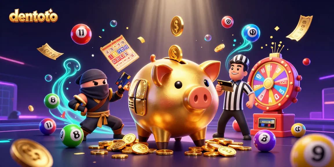 Experience the excitement of dentoto with colorful lottery elements and dynamic characters in this 3D illustration.