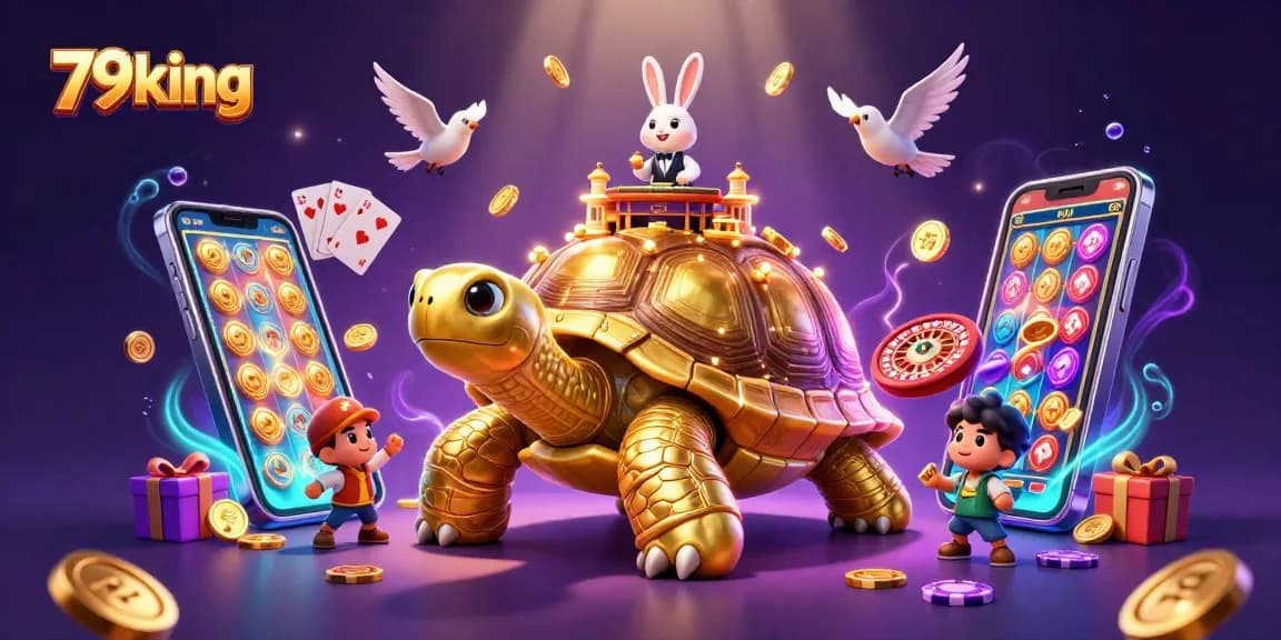 Win big with 79king's vibrant casino scene featuring a golden tortoise and a rabbit dealer.