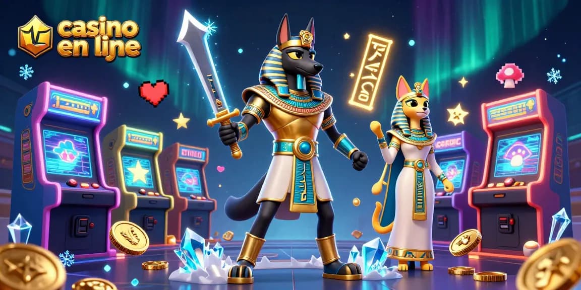 Vivez des jeux vibrants dans un casino en ligne avec des personnages égyptiens anciens et des éléments animés.