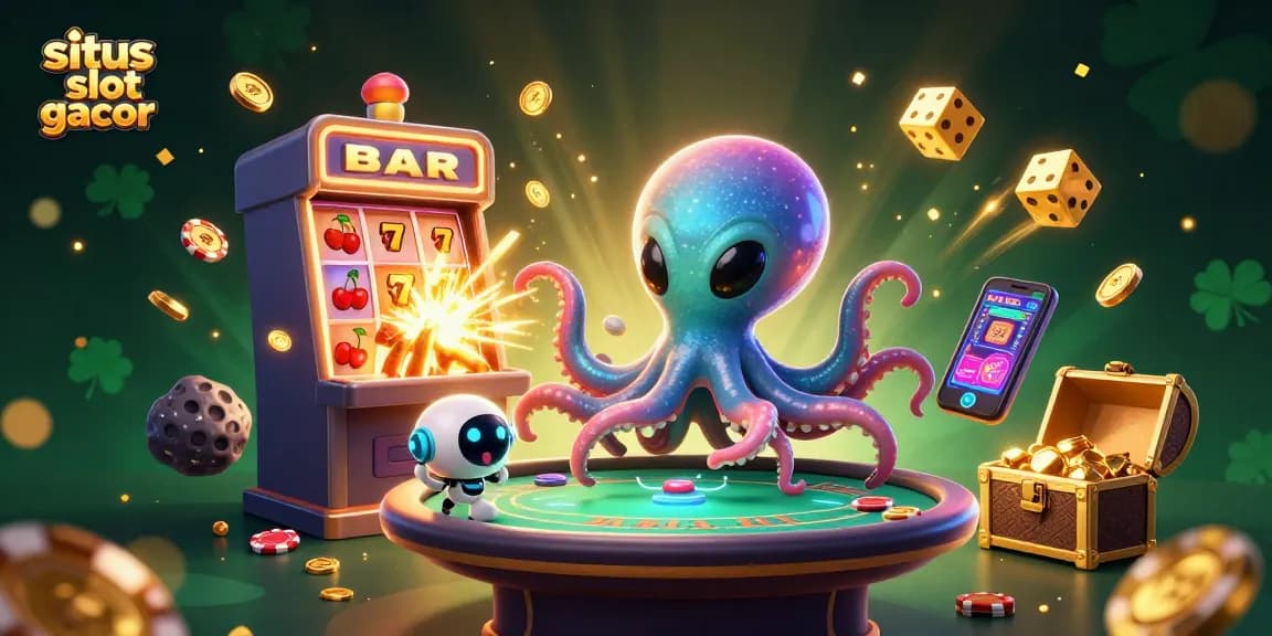 Engage with situs slot gacor as an alien octopus masters a floating poker table amidst colorful casino excitement.