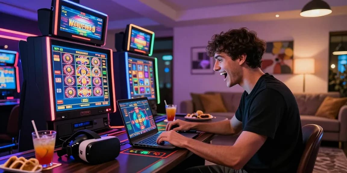 Individual enjoying online gaming at OK8386 with vibrant surroundings and colorful slot displays.