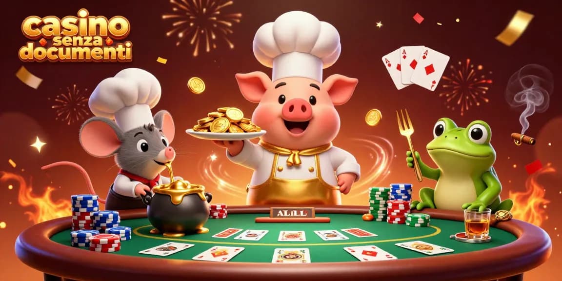 Scopri l'emozione dei casino senza documenti mentre un maialino chef serve monete d'oro ai giocatori in mezzo a vivaci azioni di poker.