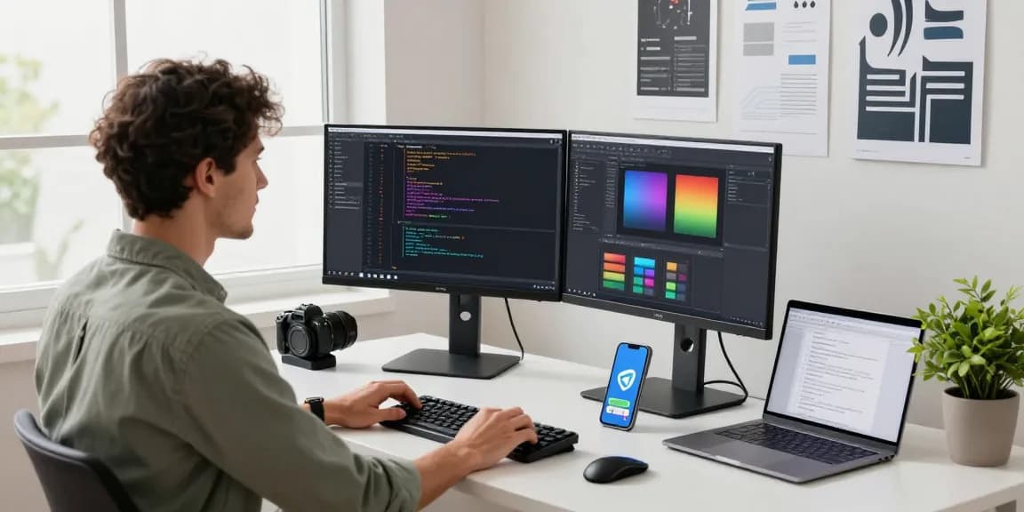 Focused developer coding on dual monitors at a sleek workspace while engaging with telegramin-cn.com notifications and design tools.