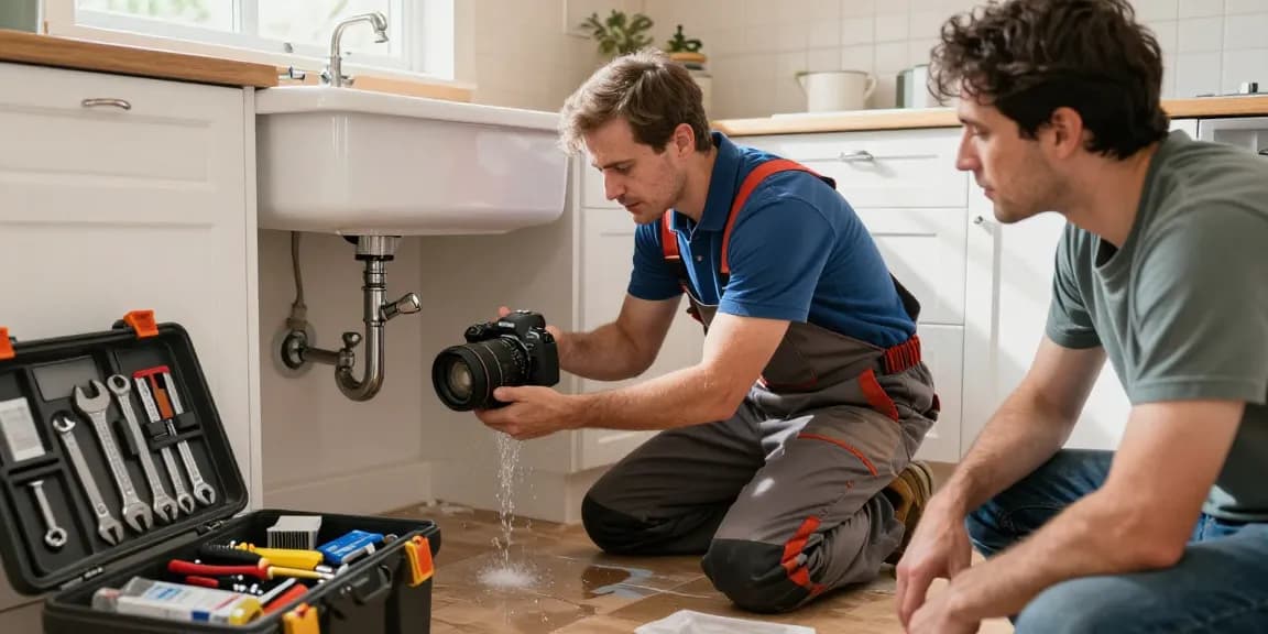 24 hour plumber Northampton assisting with a kitchen leak repair, showcasing tools and customer relief.